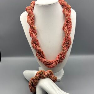 Coral and Gold Seed Bead Torsade Necklace and Bracelet Set JP399